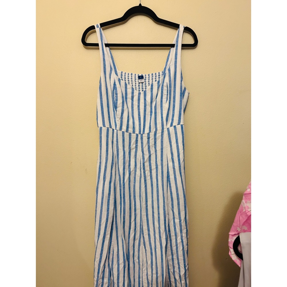 Old Navy Jumpsuit Womens Medium Blue White Excellent Striped Linen Wide Leg